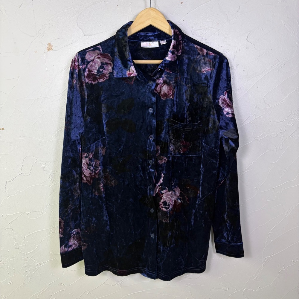 Belle by Kim Gravel Shirt Women Medium Blue Floral Velvet Button Up Whimsigoth